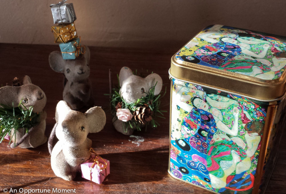 Tea tin pictured here beside some of my many Christmas knick-knacks